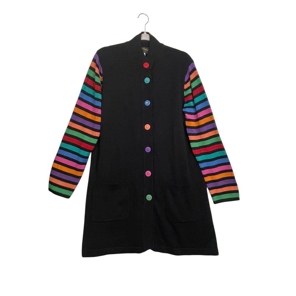 Bob Mackie Wearable Art L Black Rainbow Stripe Long Cardigan Colorful Buttons